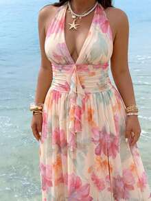 GalTyme Plus Size Vacation Beach Floral All-Over Print High Slit Backless Halter Neck Dress - Multicolor - View 3