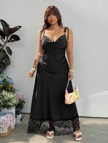 GalTyme Plus Size Summer Elegant Solid Color Lace Patchwork Backless Cami Dress - Black - View 3