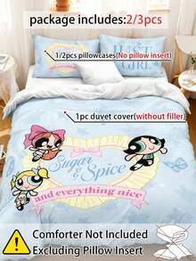 THE POWERPUFF GIRLS X Joivida 2/3件組 100%聚酯纖維 奶油般柔軟舒適透氣面料，全夜舒適寢具（被套 + 1/2個枕套，不含被芯），四季通用現代聚酯纖維寢具系列 - 彩色 - 查看 4