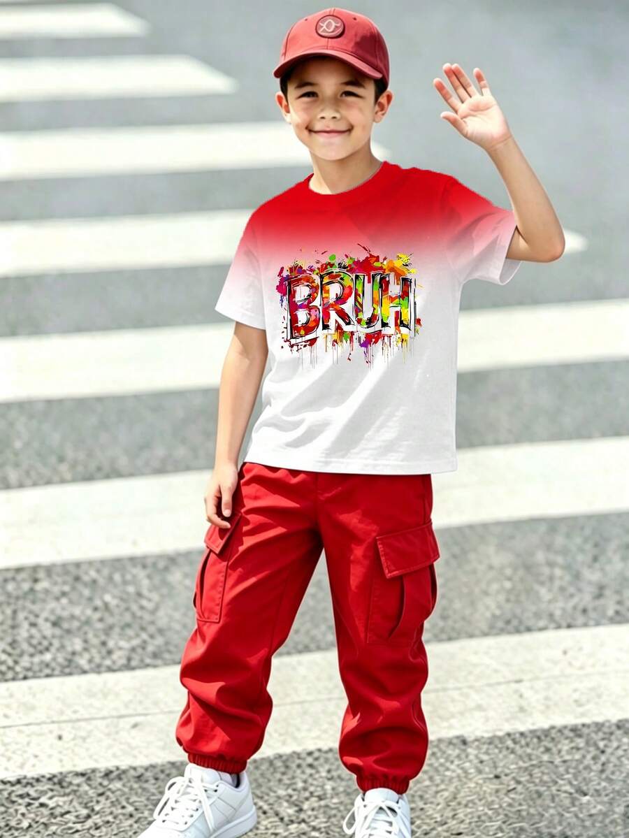 Boys Big T-Shirt Set Gradient Graffiti Letter Print Short Sleeve Crew Neck Cargo Pants Red And White Red Soft Elastic Loose Fit Summer School - Multicolor - View 1