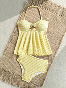 SHEIN Tween Girls Knit Striped Textured Pink Halter Neck Ruffle Swimsuit Set - Yellow - View 3