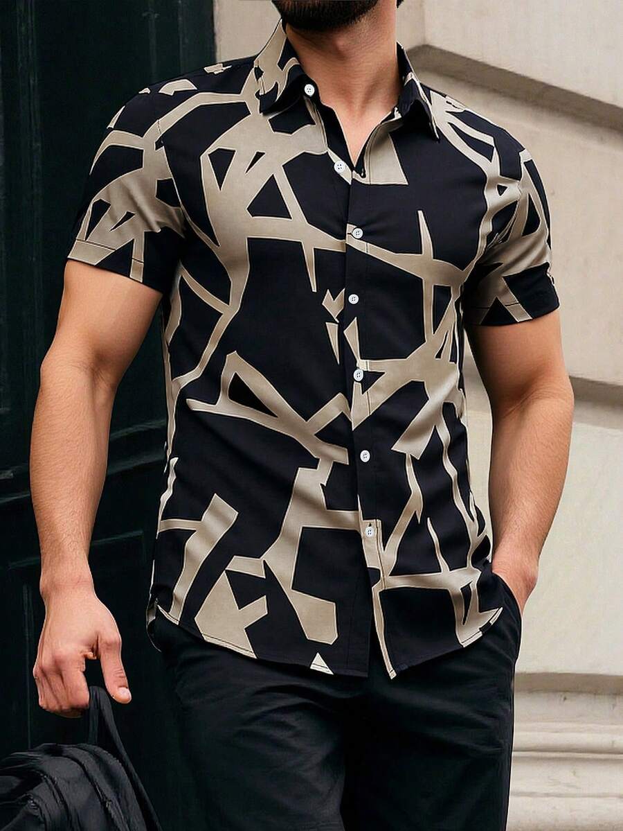 Manfinity Homme Men's Contrast Color Print Short Sleeve Shirt For Summer - Multicolor - View 1