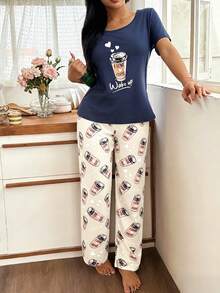 SHEIN Casual Underwear&Sleepwear 咖啡杯圖案印花休閒圓領短袖長褲女式睡衣套裝 - 杏色 - 查看 3