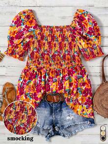 Linhara Square Neck Petal Sleeve Vintage Ditsy Floral Waist-Cinching Plus Size Shirt - Multicolor - View 1