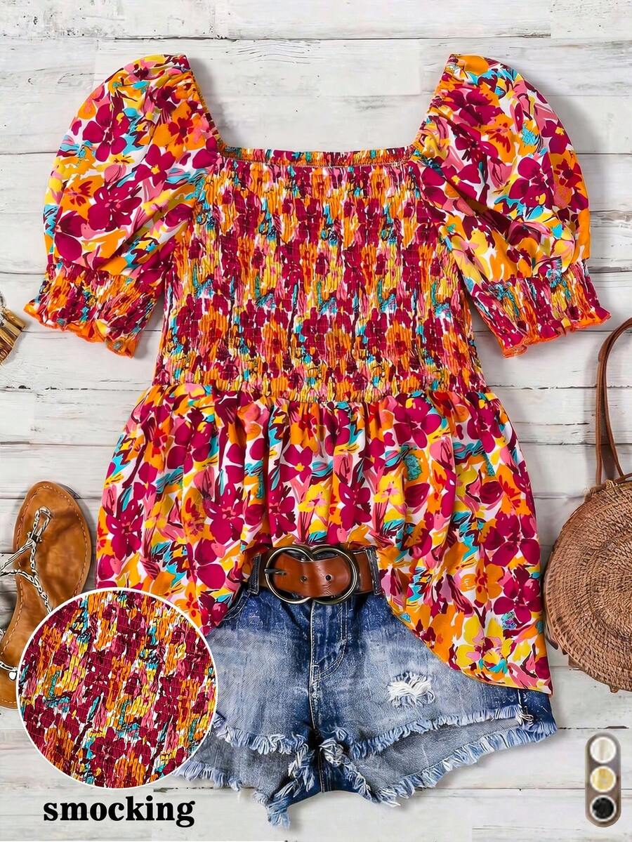 Linhara Square Neck Petal Sleeve Vintage Ditsy Floral Waist-Cinching Plus Size Shirt - Multicolor - View 1