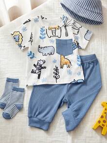 SHEIN Playful Pals 2件/套 新生兒男嬰 & 女嬰休閒可愛卡通簡約基本款套裝，藍色 & 白色動物長頸鹿牛象犀牛斑馬獅子草葉印花短袖T恤上衣 + 彈性腰藍色純色長褲附口袋，採用柔軟羅紋針織面料，適合夏季日常穿著、購物、旅行、度假及各種場合 - 藍色 - 查看 8