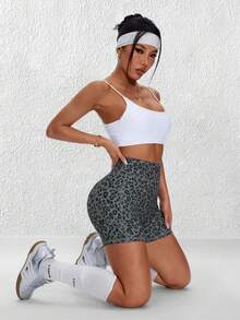 SHEIN Core Rhythm Women's Leopard Print Athletic Shorts - Black - View 5