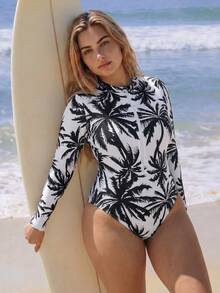 Swim SPRTY 2026 New Summer Beach Vacation Palm Tree Print Zipper One-Piece Swimsuit Plus Size Surfing Suit - Multicolor - View 4