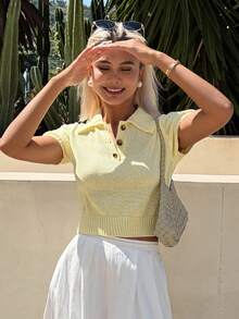 DAZY Solid Color Fitted Short POLO Short Sleeve Casual Vacation Summer Women's Knit Top Brunch Daytime Pale Yellow - Yellow - View 4