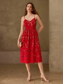 MOTF PREMIUM WOMEN'S FLORAL EMBROIDERED BOW DECOR SPAGHETTI STRAP MIDI DRESS - Red - View 5