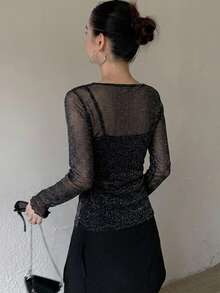 FRIFUL Women's Round Neck Long Sleeve Shiny Mesh Fitted Blouse Sheer,Fall Women Clothes - Black - View 11