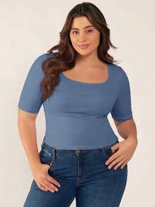 SHEIN BASICS Plus Size Summer Casual Versatile Solid Color Short Sleeve T-Shirt Date Night Brunch Dusty Blue - Dusty Blue - View 2