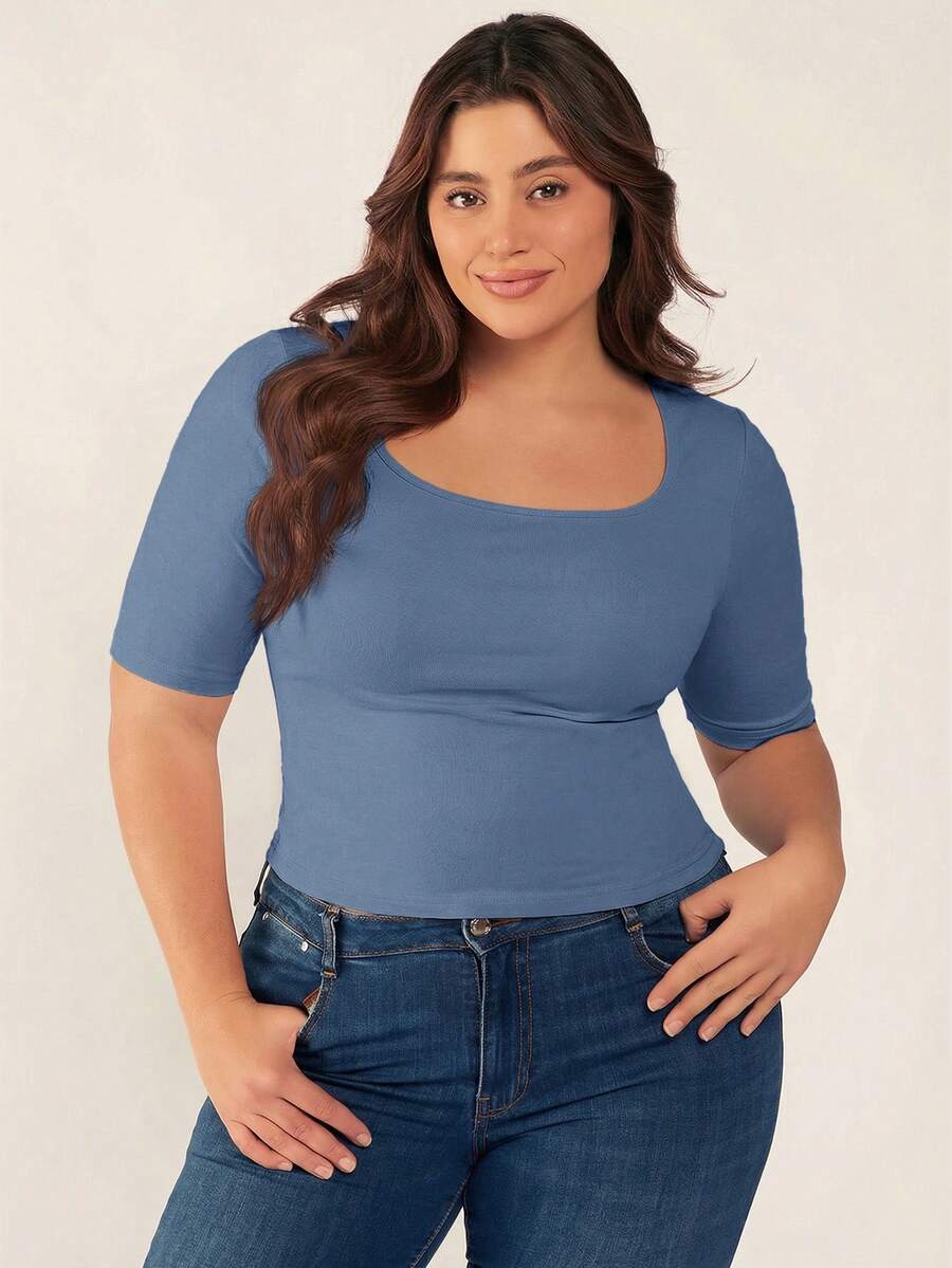 SHEIN BASICS Plus Size Summer Casual Versatile Solid Color Short Sleeve T-Shirt Date Night Brunch Dusty Blue