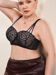Hourtrue Plus Size Women Lace Patchwork Underwire Bra, Supportive & Breathable - Black - View 6