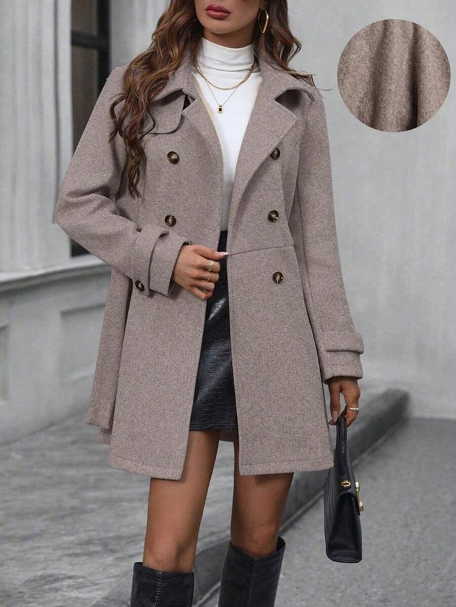 SHEIN 女式纯色翻领长袖双排扣休闲羊毛大衣,秋冬 - 灰色 - 查看 1