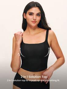 LUVLETTE Bra Tanpa Kawat Tanpa Jahitan 2-in-1 Model Leher Persegi Terintegrasi, Cami Tanpa Punggung, Bra Santai Panjang, Atasan Tank Top Hitam Dasar - Hitam - View 2