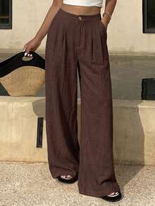 DAZY Solid Color Loose Wide Leg Pants With Pockets Casual Vacation Summer Women Long Pants - Brown - View 5