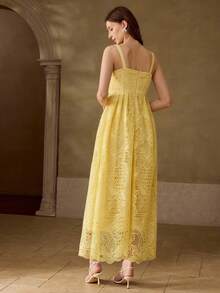 MOTF PREMIUM CONTRAST LACE HOLLOW OUT DRESS, SPRING/SUMMER - Pale Yellow - View 3