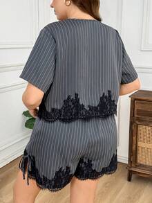 SHEIN LUNE 大码女式格子印花返校套装，女士前系带衬衫，商务休闲，适合曲线身材，搭配短裤，返校季两件套，秋季女装，复古富贵风格 - 彩色 - 查看 5
