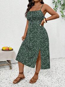SHEIN Frenchy Plus Size Vacation Casual Ditsy Floral Camisole Dress - Green - View 5