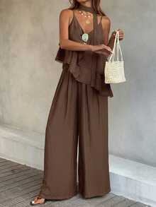 Livesso Summer Vacation Outfit Black Camisole Ruffle Top Loose Long Pants Solid Color Women's Two Pieces Set - Brown - View 4