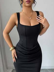 Selianne Đầm hè gợi cảm mới, đầm ôm sát màu đen cổ vuông kiểu Pháp, viền corset giả, dáng đuôi cá, chi tiết xếp ly ở eo, đầm dạ hội sang trọng cho đám cưới, kỳ nghỉ, hẹn hò, tiệc tùng, ngày Valentine. - màu đen - Xem 7