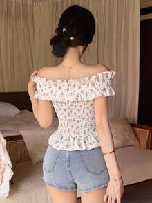 Joudiya 夏季花卉印花露肩休閒度假婚禮宴會修身優雅荷葉邊拼接短袖女式上衣 - 紅色 - 查看 5
