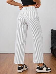 SHEIN Tall 女款極簡線條設計休閒牛仔褲，適合高個女性 - 黑與白 - 查看 2
