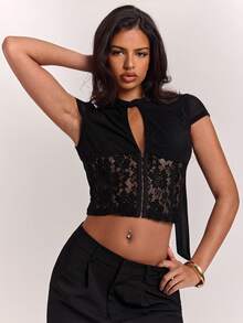 SHEIN BAE Women's Summer Sexy Lace Patchwork Top - Black - View 5