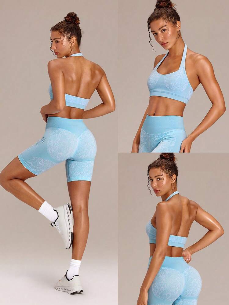 Ultrafine Soft Seamless Halo Ribbed Support Open Back Thick Straps Halter Sports Bra With Removable Cups Workout Gym