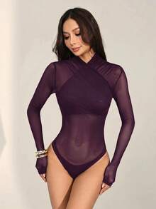 SHEIN PETITE 女款性感純色網紗包身連身衣，透視長袖上衣，長袖網紗上衣，黑色透視上衣，黑色網紗上衣，秋季，黑色連身衣 - 紫色 - 查看 4