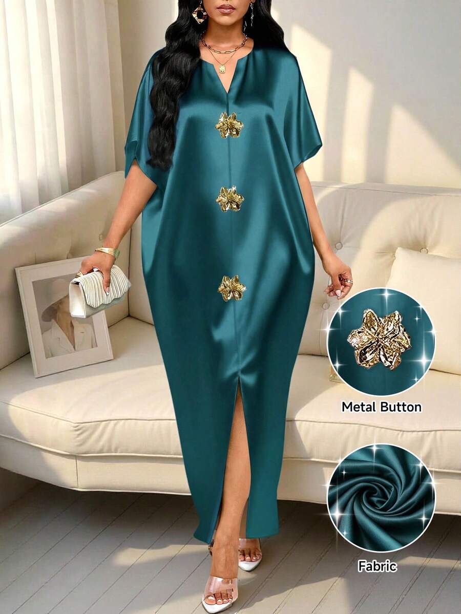 SHEIN Lady 四季通用度假洋裝/婚禮賓客套裝/舞會禮服/金色/晚禮服/金色女款緞面提花前開衩洋裝,休閒派對優雅風 - 墨綠色 - 查看 1