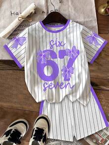 Set de 2 piese pentru fete preadolescente, casual, minimalist, cu personalitate cool, numeric 67 și grafică cu fundă, roz, cu dungi, stil atletic și chic, ton de albastru, tricou și pantaloni scurți cu mânecă scurtă, potrivit pentru vară - Multicolor - Vizualizare 2