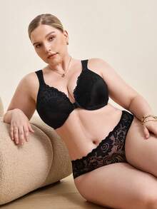 Hourtrue 女士大碼全罩杯蕾絲鋼圈前扣內衣 - 黑色 - 查看 2