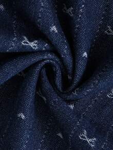 SHEIN Jeans de mezclilla casuales de moda dulce para niñas con moño, corazón y rayas de jacquard, cómodos de pierna ancha, cintura elástica plana, diseño de bolsillos, adecuados para el uso diario de niñas - Azul lavado oscuro - Ver 12