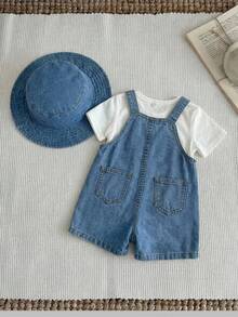 Baby Boy Loose Fit Blue Denim Bib Shorts - Medium Wash - View 2