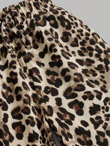 SHEIN Young Girl Knit Solid Color Ruched Small Stand Collar Casual T-Shirt And Leopard Print Long Pants 2pcs Set - Multicolor - View 4