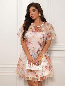 Femmeverse Nuevo vestido corto elegante y romántico con diseño de volantes, hombros descubiertos, corte ajustado en línea A y flores 3D de gasa - Multicolor - Ver 7