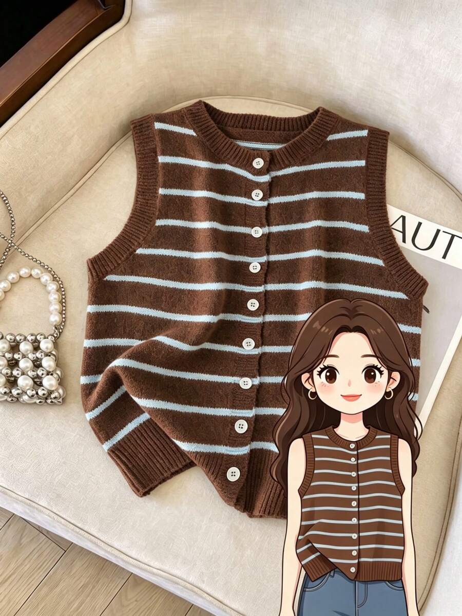 SHEIN Franclia Áo vest dệt kim không tay tối giản, thanh lịch, phối màu cà phê và xanh dương, kiểu dáng công sở thường ngày, thích hợp cho mùa xuân/hè. - Cà phê nâu - Xem 1