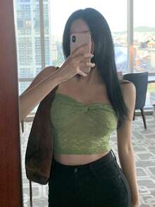 DAZY 女款夏季性感純色蕾絲扭結前短版抹胸上衣 - 綠色 - 查看 4