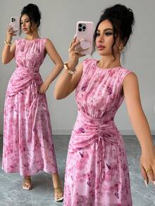 Elenzga Women's Casual Elegant Butterfly Print Chiffon Round Neck A-Line Elastic Waist Maxi Dress, Ruched Drawstring Waist Design, Lightweight Loose, Romantic Vintage Style, French Romantic Sicilian Elegant Dress, Suitable For Casual Office Vacation Afternoon Tea Party, Beach, Vacation, Office Commute And Other Summer Wear. - Pink - View 1