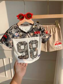 2pcs/Set Baju Bayi Laki-laki Lucu Musim Panas Warna Hijau Motif Huruf Olahraga Lengan Pendek dan Celana Pendek Pinggang Elastis Set Kamuflase Set Blok Warna Set Gaya Jalanan Set Bayi Laki-laki - MultiWarna - View 8