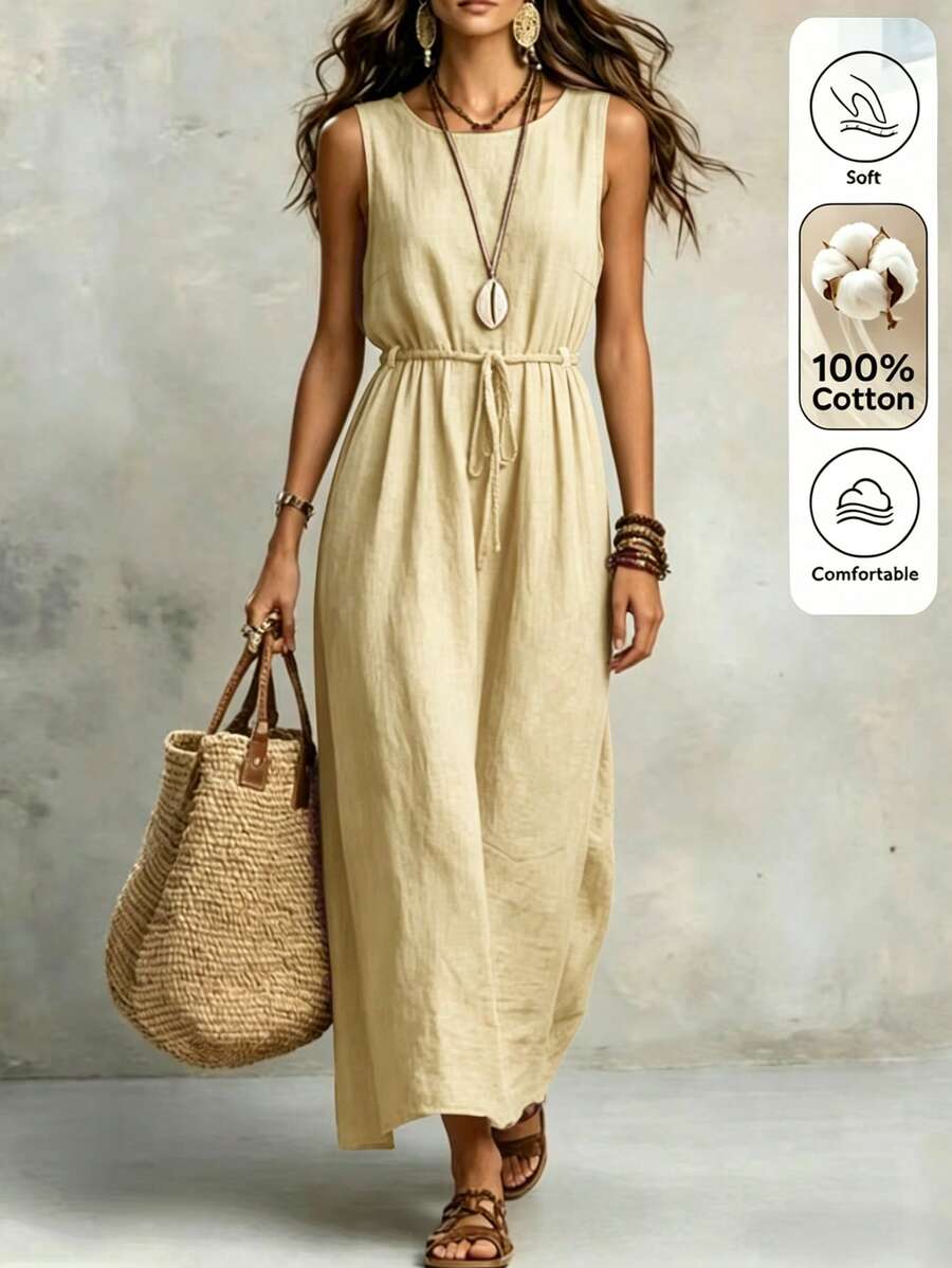 Omancia Vestido casual de verano cómodo y de unicolor para vacaciones de mujer - Caqui - Ver 1