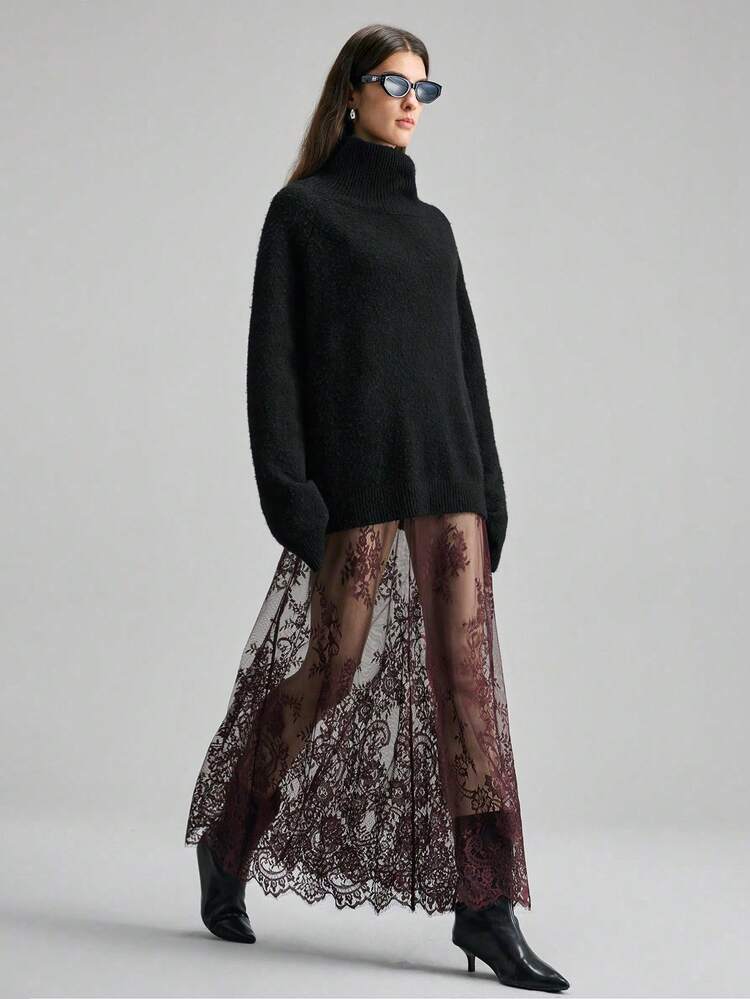 Women's Burgundy Lace Long Dress,Autumn Elegant Seductive Night Out Party Outfit,Waist-Cinched Fitted Silhouette,Urban Chic Business Casual Date Wear