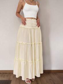 SHEIN Tall Falda larga de varias capas tipo pastel de cintura baja para mujer, falda blanca para mujer, pantalones cortos de verano para mujer, falda de vacaciones de playa casual, para mujeres altas - Albaricoque - View 4