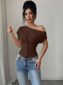 Elenzga Asymmetrical Asymmetric Shoulder Ruffle Neck Waist-Cinching Contrast Button Design Summer Short Sleeve T-Shirt - Coffee Brown - View 6
