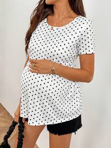 SHEIN Black And White Polka Dot Print Round Neck A-Line Maternity Top, Suitable For Casual Summer Outings. - Black and White - View 7