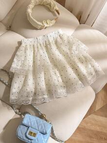 SHEIN Elladie kids 女童蝴蝶結裝飾圓點花卉針織刺繡休閒可愛裙，夏季 - 杏色 - 查看 3