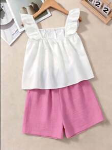 SHEIN Sparklyn Tween Girl Floral Print Ruffle Sleeve Top And Shorts Set - Multicolor - View 2