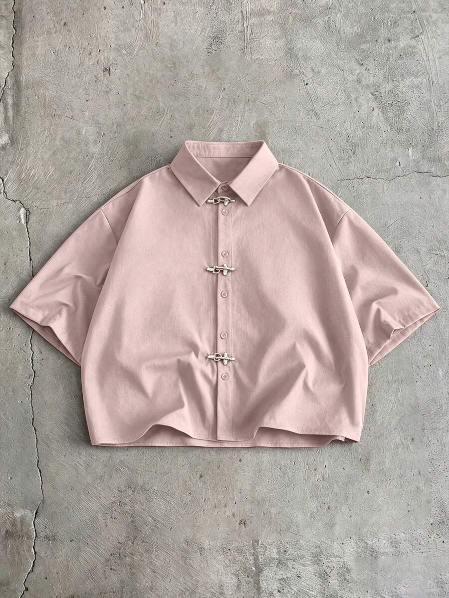 AXEPEAK Men's Lapel Short Sleeve Loose Fit Pink Shirt - Pink - View 1